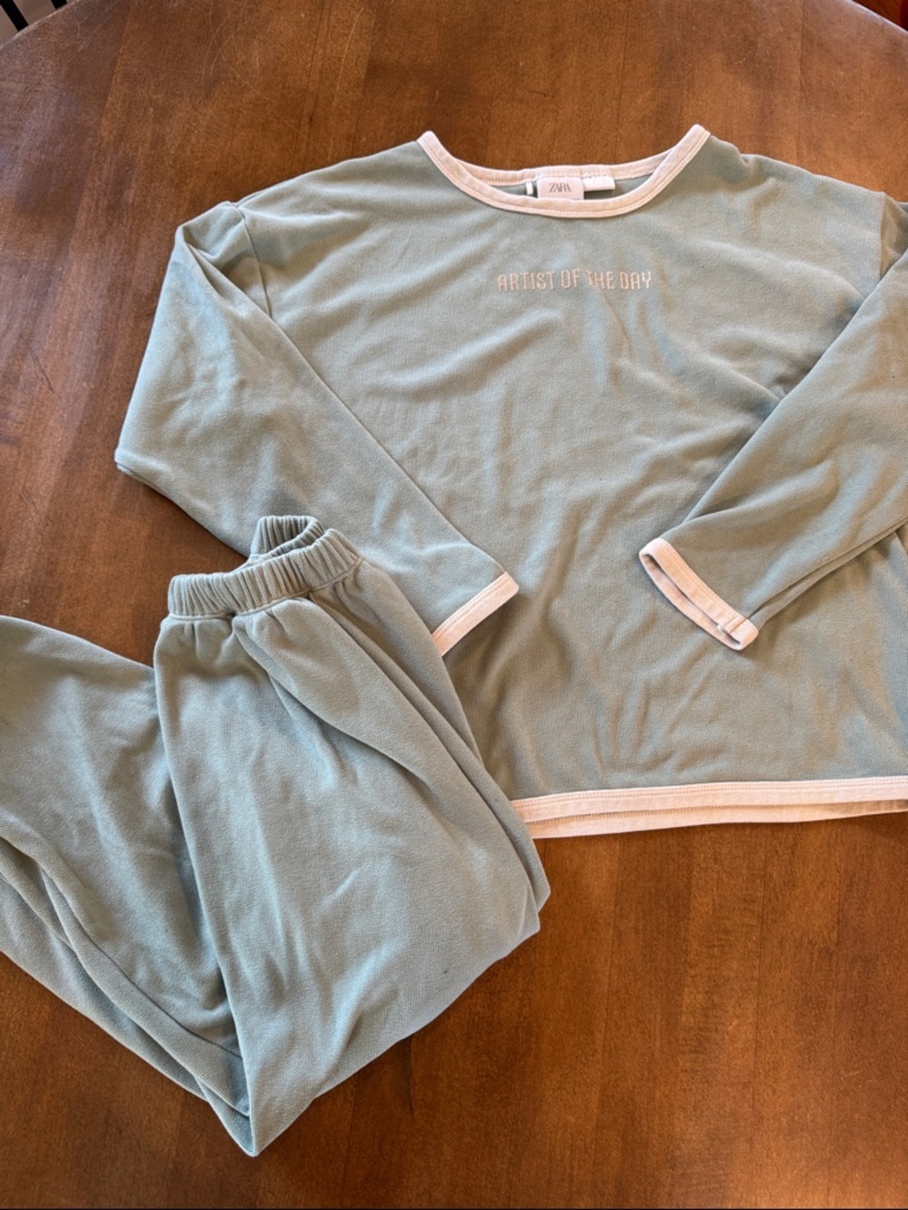 Zara Kids Sage Green Pajama Set with Cream Trim